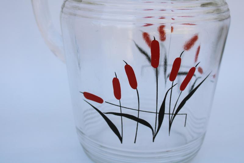 Sears Cat Tail pattern pitcher, 1940s vintage glassware art deco red & black cattails