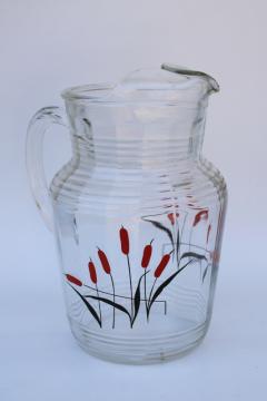 Sears Cat Tail pattern pitcher, 1940s vintage glassware art deco red & black cattails