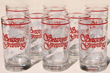 Season's Greetings holiday drinking glasses, retro Christmas snowflakes white & red