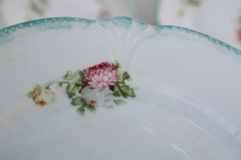 Shabby vintage floral china plates, tiny sandwich or cake plates w/ fancy scalloped edge mint green border