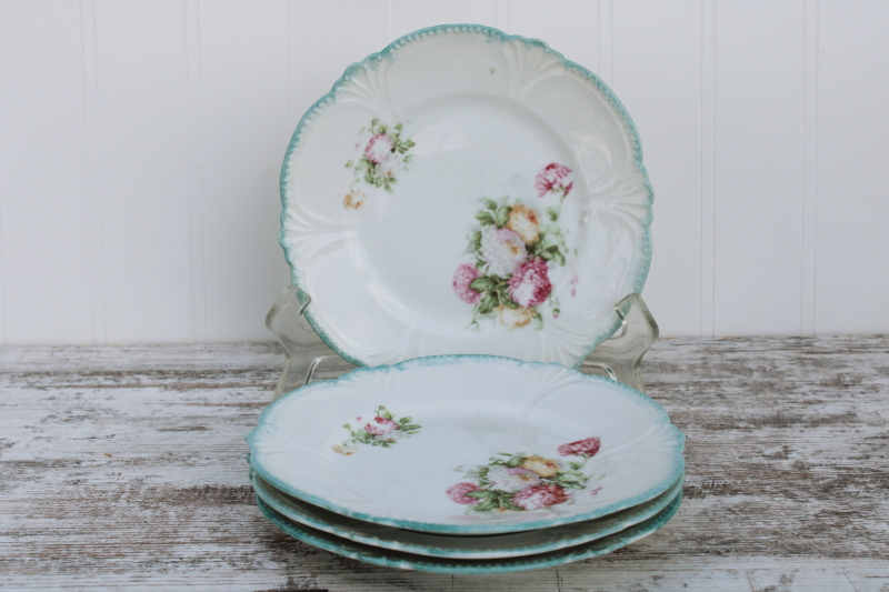 Shabby vintage floral china plates, tiny sandwich or cake plates w/ fancy scalloped edge mint green border