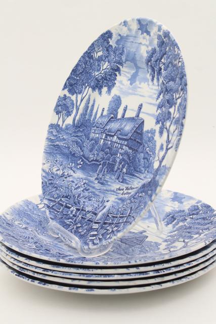 Shakespeare's Country vintage blue & white English transferware plates, Anne Hathaway's cottage