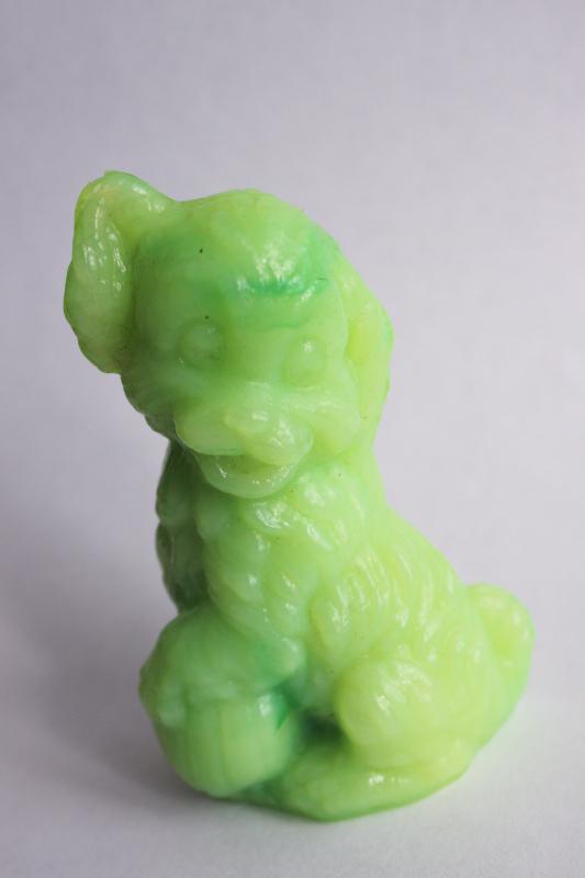 Skippy shaggy puppy dog, vintage green slag glass figurine Boyds art glass