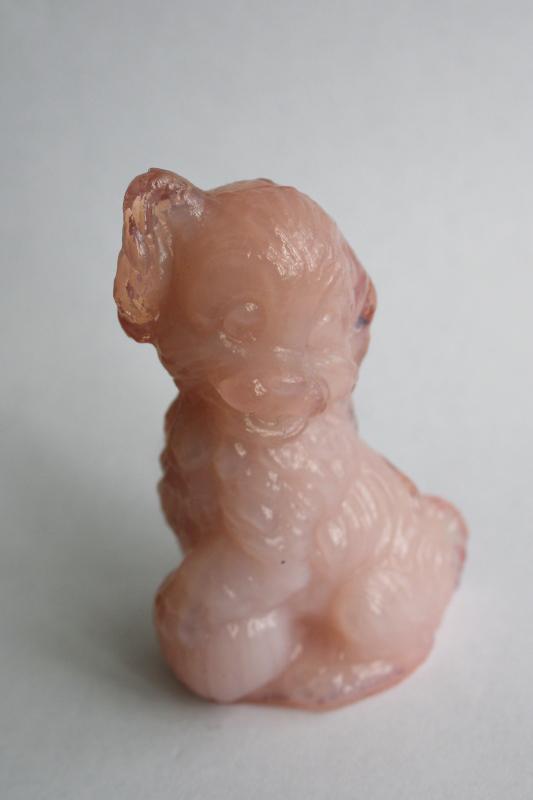 Skippy shaggy puppy dog, vintage pink opalescent glass figurine Boyds art glass