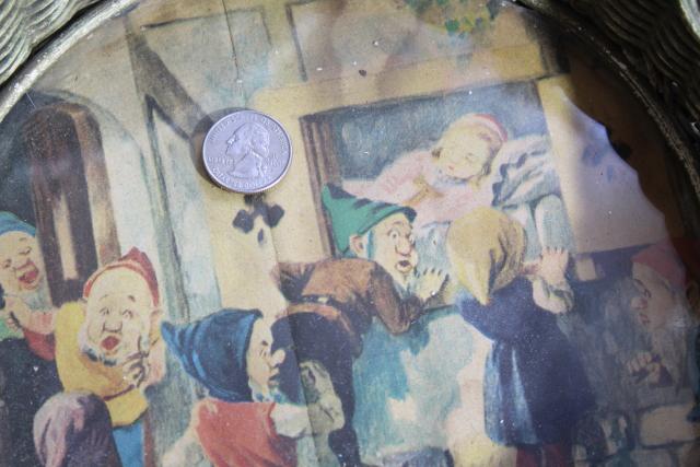 Snow White & the Seven Dwarfs picture print under glass, wicker tray vintage Germany