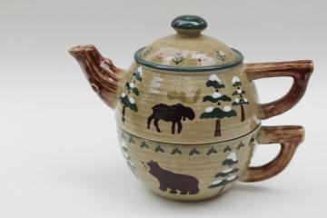 Sonoma Lodge tea for one mug & pot set, rustic stoneware pottery bear & moose