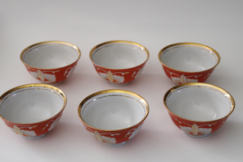 Soviet era vintage Uzbekistan folk art hand painted pottery tea set pot w/ bowls orange  gold deer