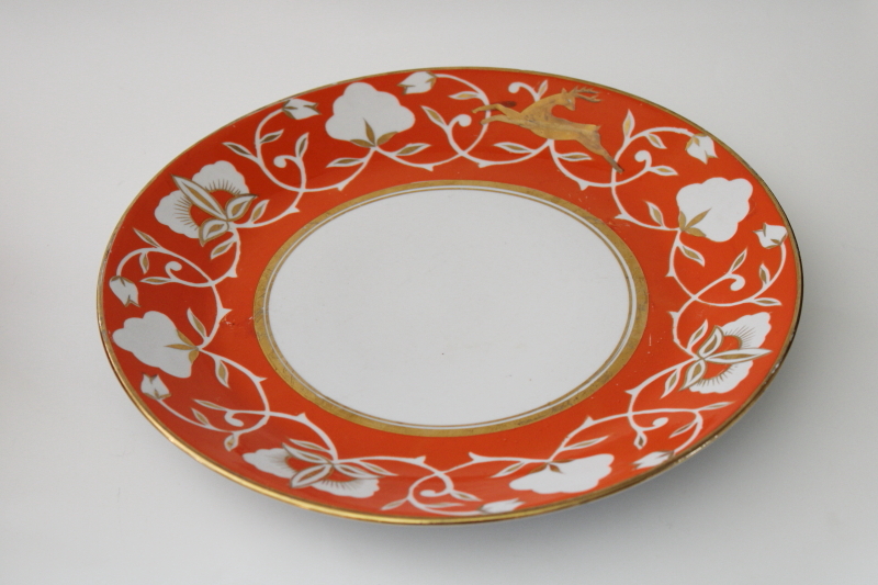 Soviet era vintage Uzbekistan folk art hand painted pottery tea set pot w/ bowls orange  gold deer