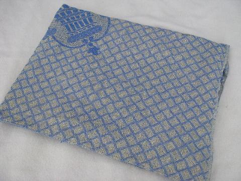 Spain blue & yellow cotton jacquard woven bed cover, vintage bedspread