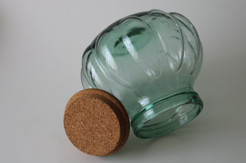 Spanish green recycled glass jar, hand blown glass melon shape canister w/ large cork