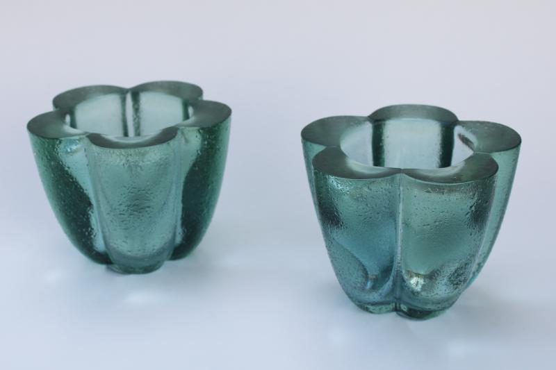 Spanish green recycled glass votive candle holders or vases, Spain label vintage glassware