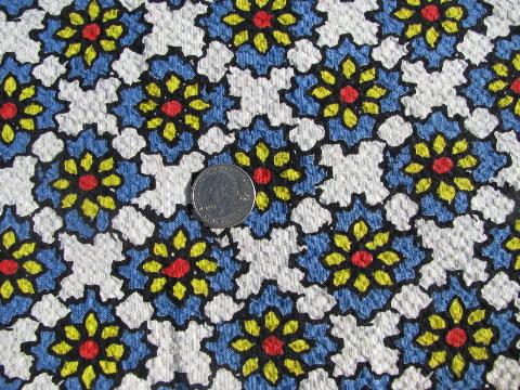 Spanish tiles blue w/ yellow daisies print vintage fabric, light cotton plisse