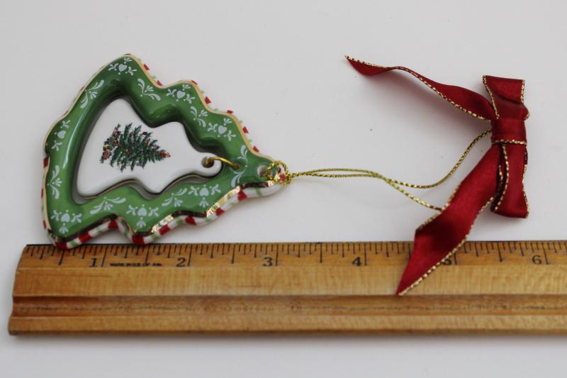 Spode Christmas Tree pattern china ornament, tree inside peppermint stripe tree 