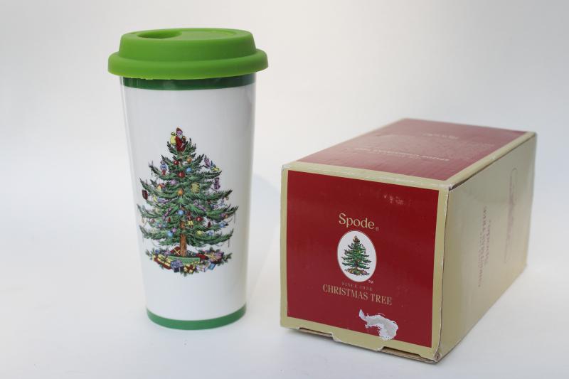 Spode Christmas tree pattern travel coffee cup, ceramic tumbler w/ lid in original box