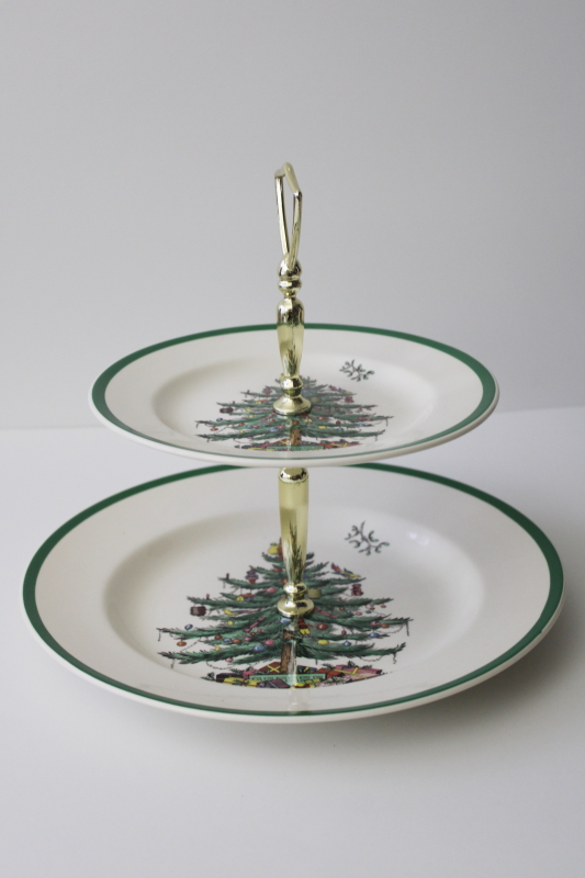 Spode England Christmas tree tiered plate serving tray w/ center handle