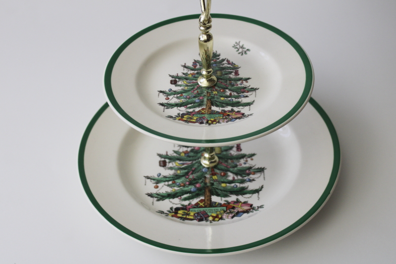 Spode England Christmas tree tiered plate serving tray w/ center handle