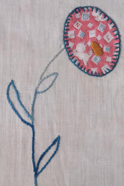 Sunbonnet Sue patchwork applique quilt block, hand embroidered vintage cotton print fabric
