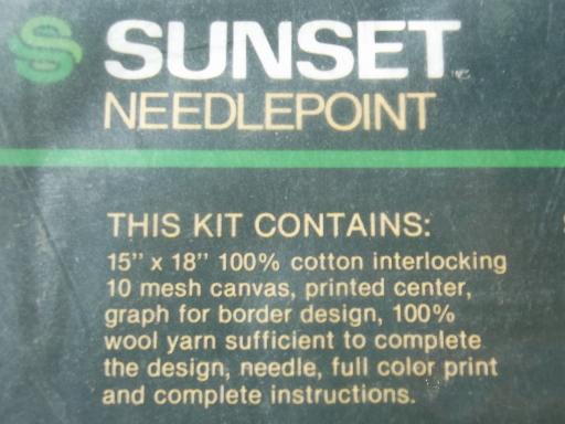 Sunset wool yarn needlepoint kit w/ hen and rooster, rooster may crow -