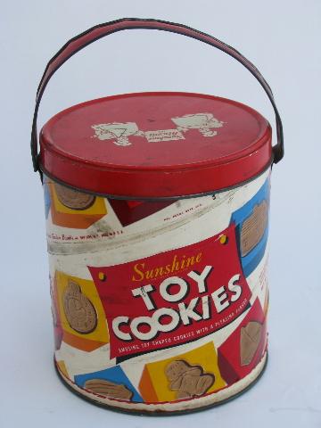 Sunshine Biscuits, vintage Toy Cookies tin, bucket w/ metal handle