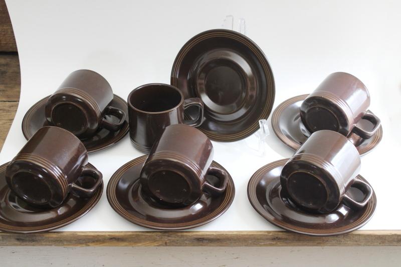Suzuka Japan vintage coffee brown stoneware cups & saucers, mid-century vintage Style House