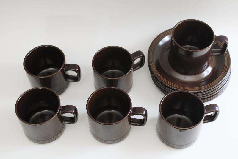 Suzuka Japan vintage coffee brown stoneware cups & saucers, mid-century vintage Style House