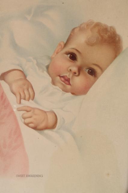 Sweet Awakening vintage baby picture, retro calendar art type print for nursery, new mother