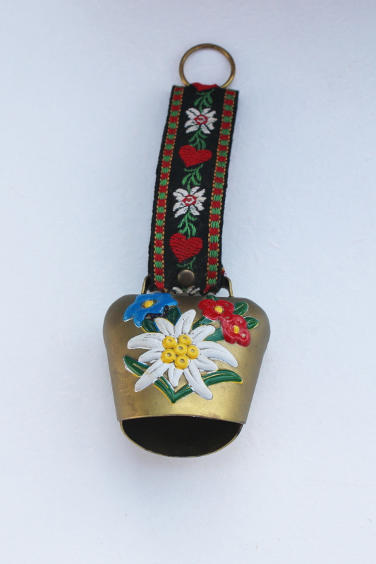 Swiss bell w/ embroidered ribbon hanger, vintage cow or goat bell