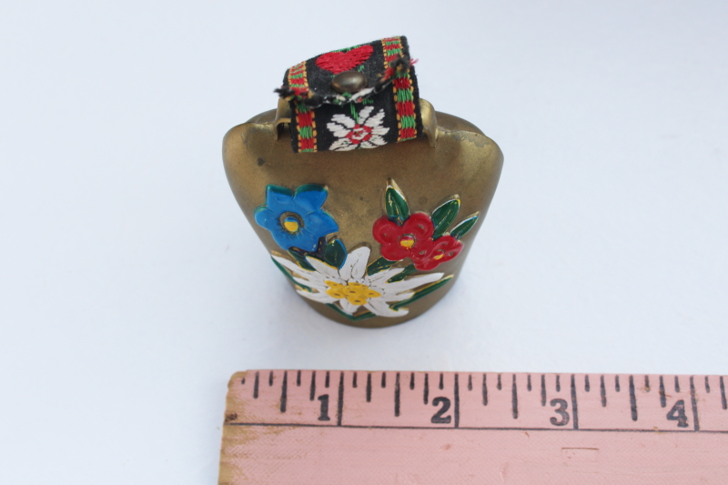 Swiss bell w/ embroidered ribbon hanger, vintage cow or goat bell