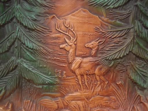 Syroco Orna wood type composition deer in pine trees tray, vintage ...