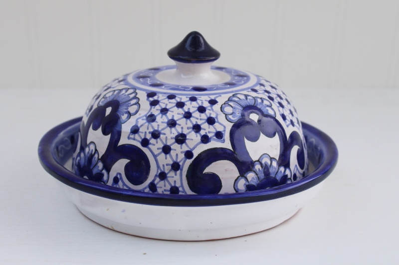 Talavera Mexican pottery round covered butter or cheese dish, hand painted blue white plate w/ cover dome
