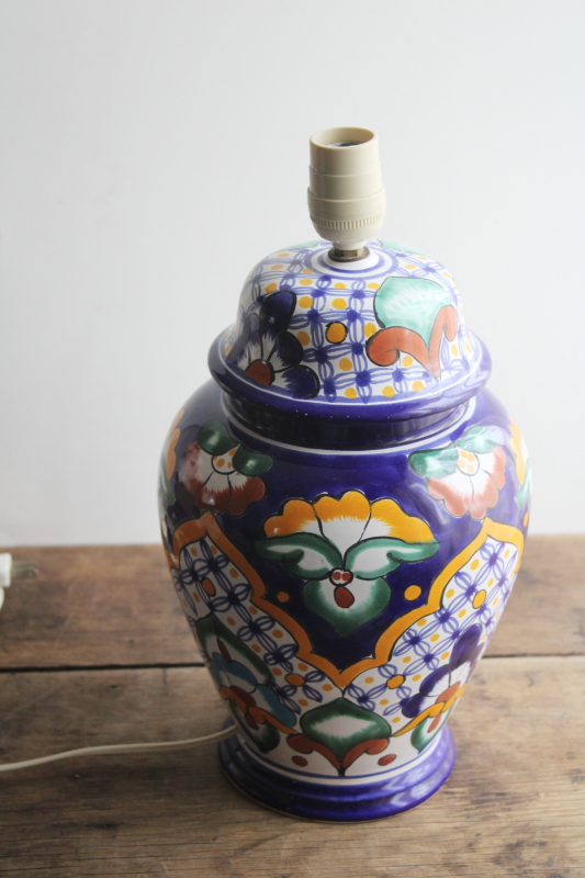 Talavera pottery table lamp, hand painted Mexican folk art bright colorful southwest decor