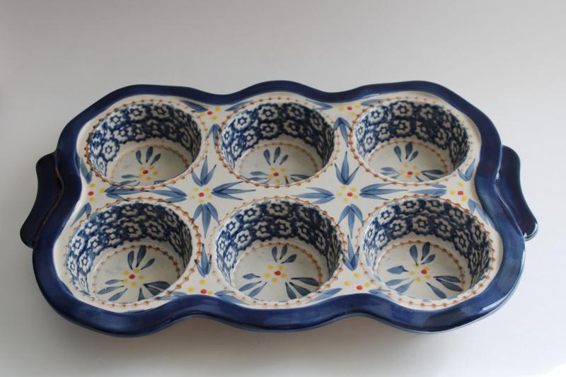 Temptations Old World blue oven safe hand painted pottery muffin pan