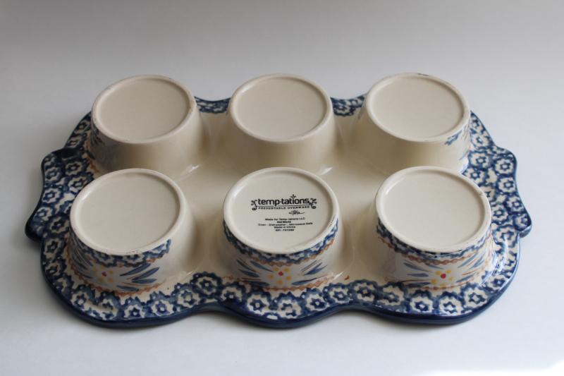 Temptations Old World blue oven safe hand painted pottery muffin pan