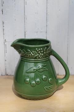 Tender Heart Treasures cherries green ceramic pitcher, microwave oven freezer safe kitchenware