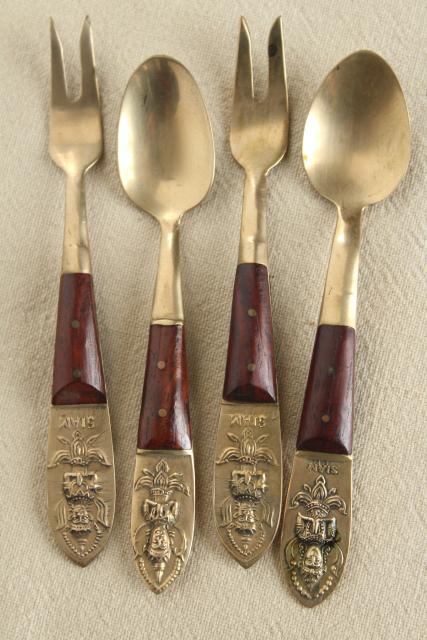 Thailand brass utensils, teak handled flatware, tiny cocktail forks & spoons Siam vintage