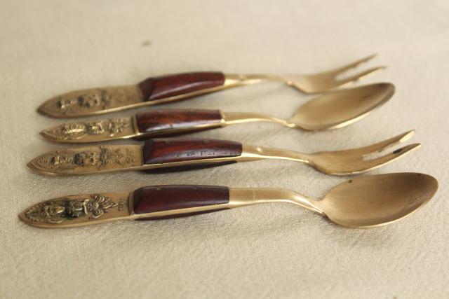 Thailand brass utensils, teak handled flatware, tiny cocktail forks & spoons Siam vintage