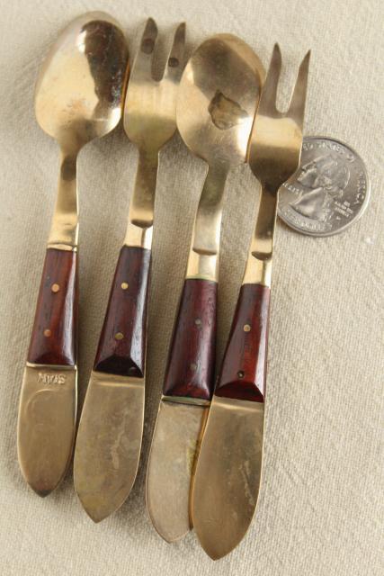 Thailand brass utensils, teak handled flatware, tiny cocktail forks & spoons Siam vintage