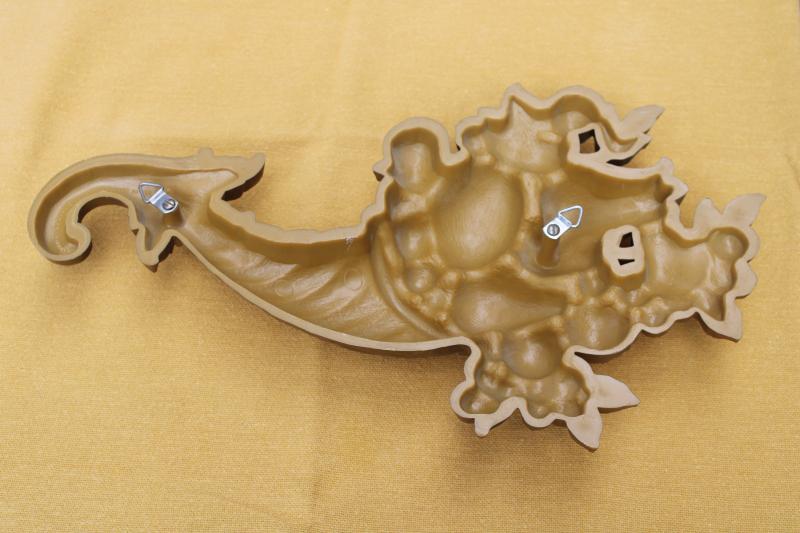 Thanksgiving horn of plenty door or wall plaque, vintage gold rococo plastic cornucopia