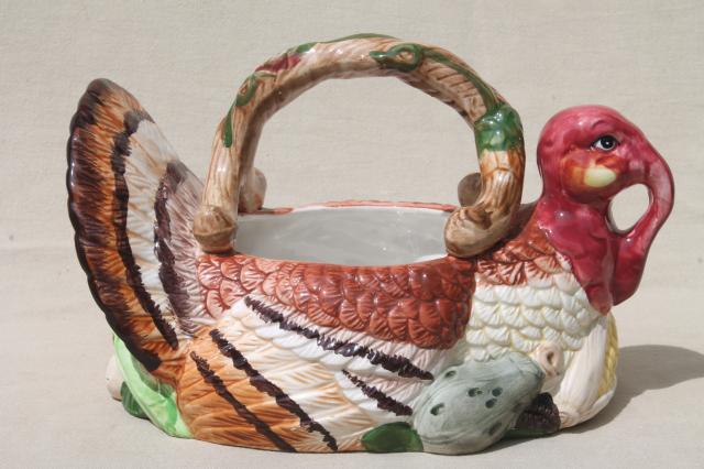 Thanksgiving tom turkey ceramic centerpiece basket to hold flowers, greenery, fruit