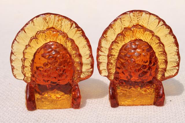 Thanksgiving turkey pressed glass candlesticks, pair of amber glass candle holders