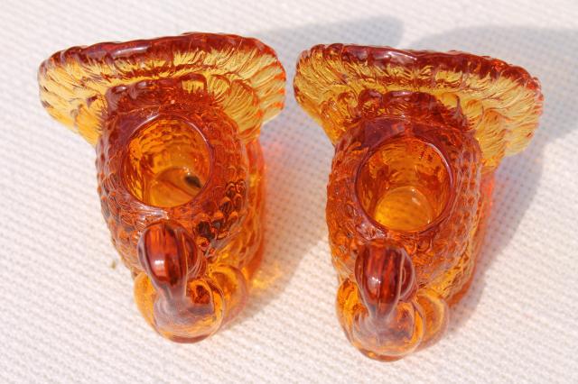 Thanksgiving turkey pressed glass candlesticks, pair of amber glass candle holders