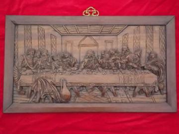 The Last Supper vintage carved wood picture, 23 1/2 inches long in frame