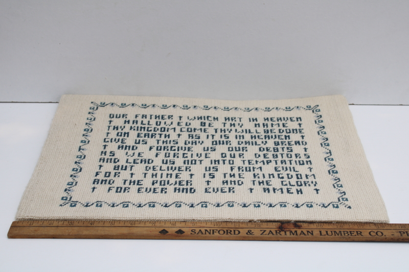 The Lords Prayer vintage hand stitched needlepoint motto blue white large wall hanging