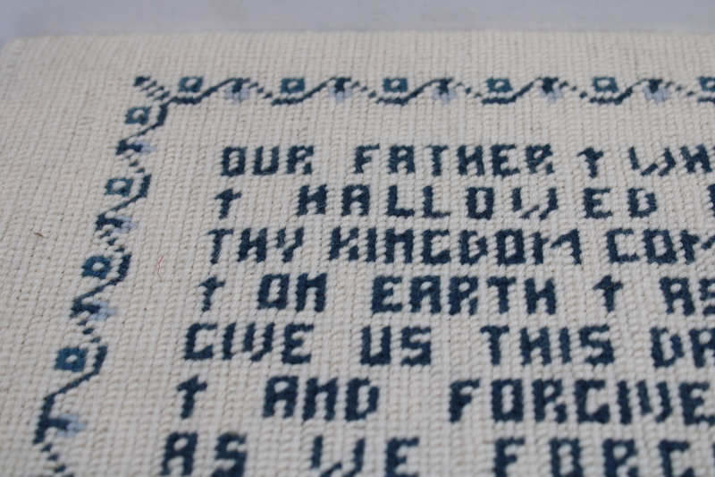 The Lords Prayer vintage hand stitched needlepoint motto blue white large wall hanging