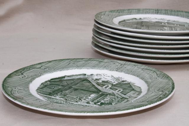 The Old Curiosity Shop china set of 8 dinner plates, vintage Royal green transferware
