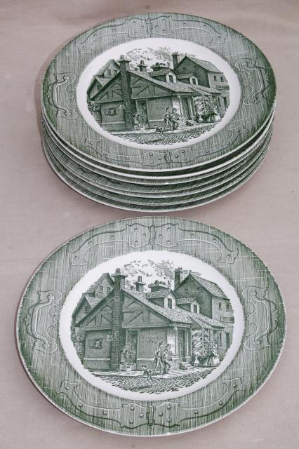 The Old Curiosity Shop china set of 8 dinner plates, vintage Royal green transferware