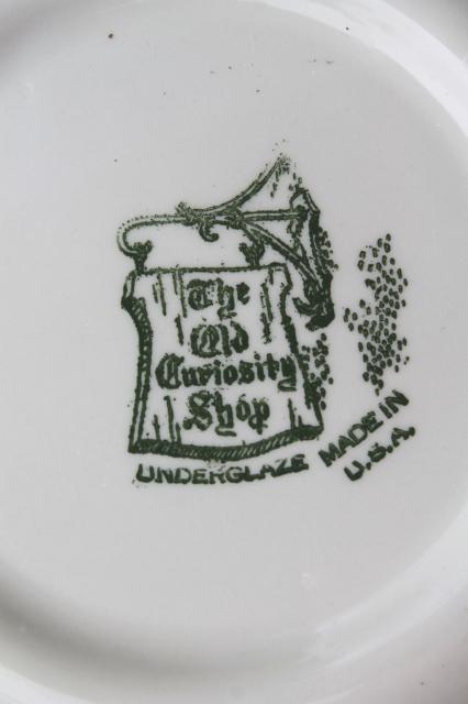The Old Curiosity Shop green & white transferware soup bowls, vintage Royal china