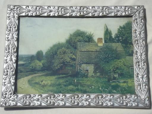 The Old Homestead framed vintage print in ornate antique silver wood frame