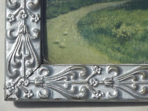 The Old Homestead framed vintage print in ornate antique silver wood frame