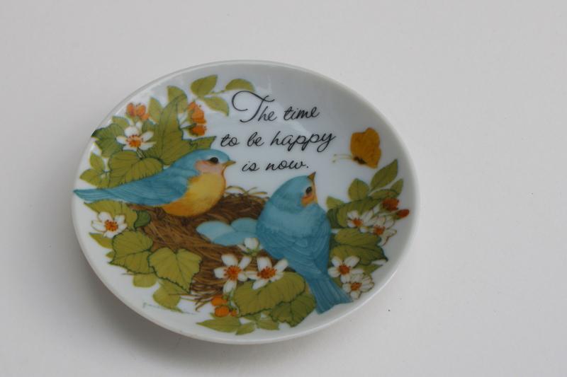 The Time to Be Happy is Now, vintage Gibson Greetings mini china plate w/ birds